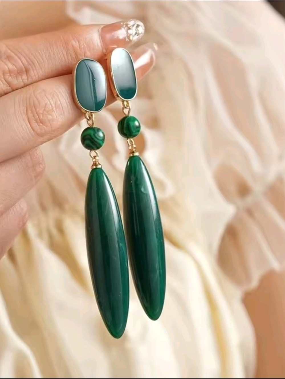 Elegant Green Drop Earrings with Gold Accents - Women Jewelry - Picture 5 of 6